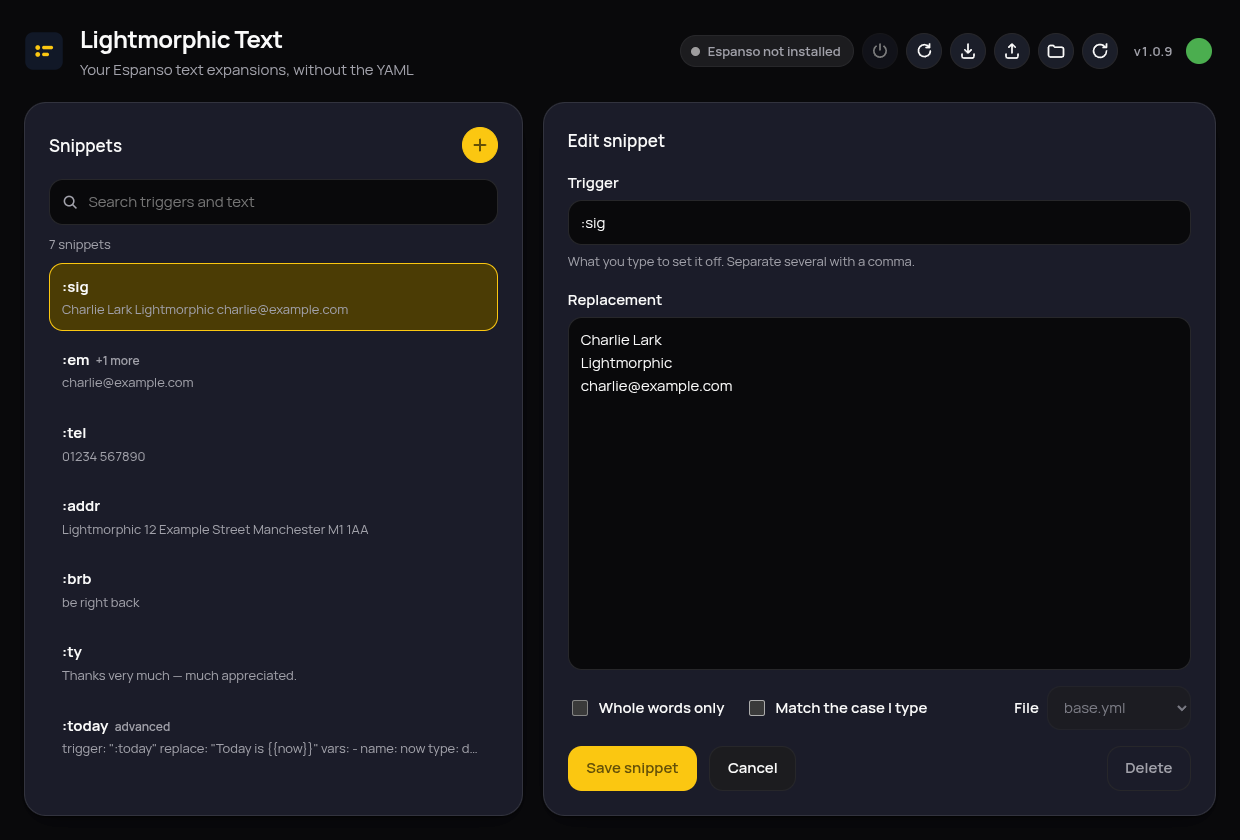 The main window: the snippet list on the left, the editing form on the right