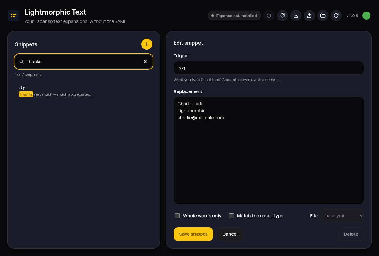 Searching: the list narrows and matching text is highlighted
